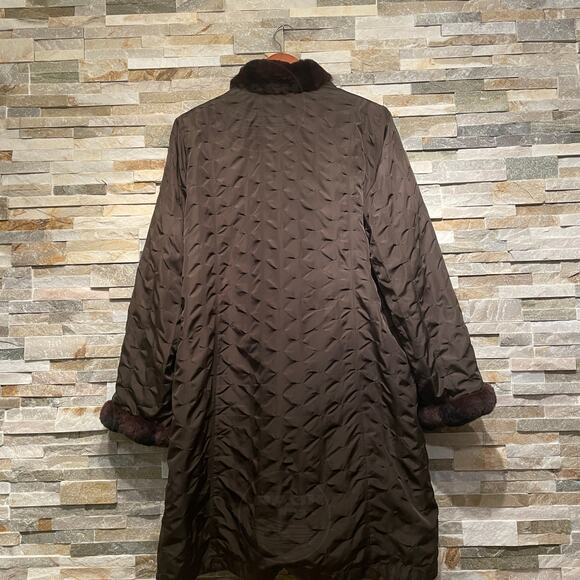 Reversible Rex Genuine Rabbit Fur Trim Coat XL | Chocolate Quilted & Taupe Nylon - Picture 4 of 13